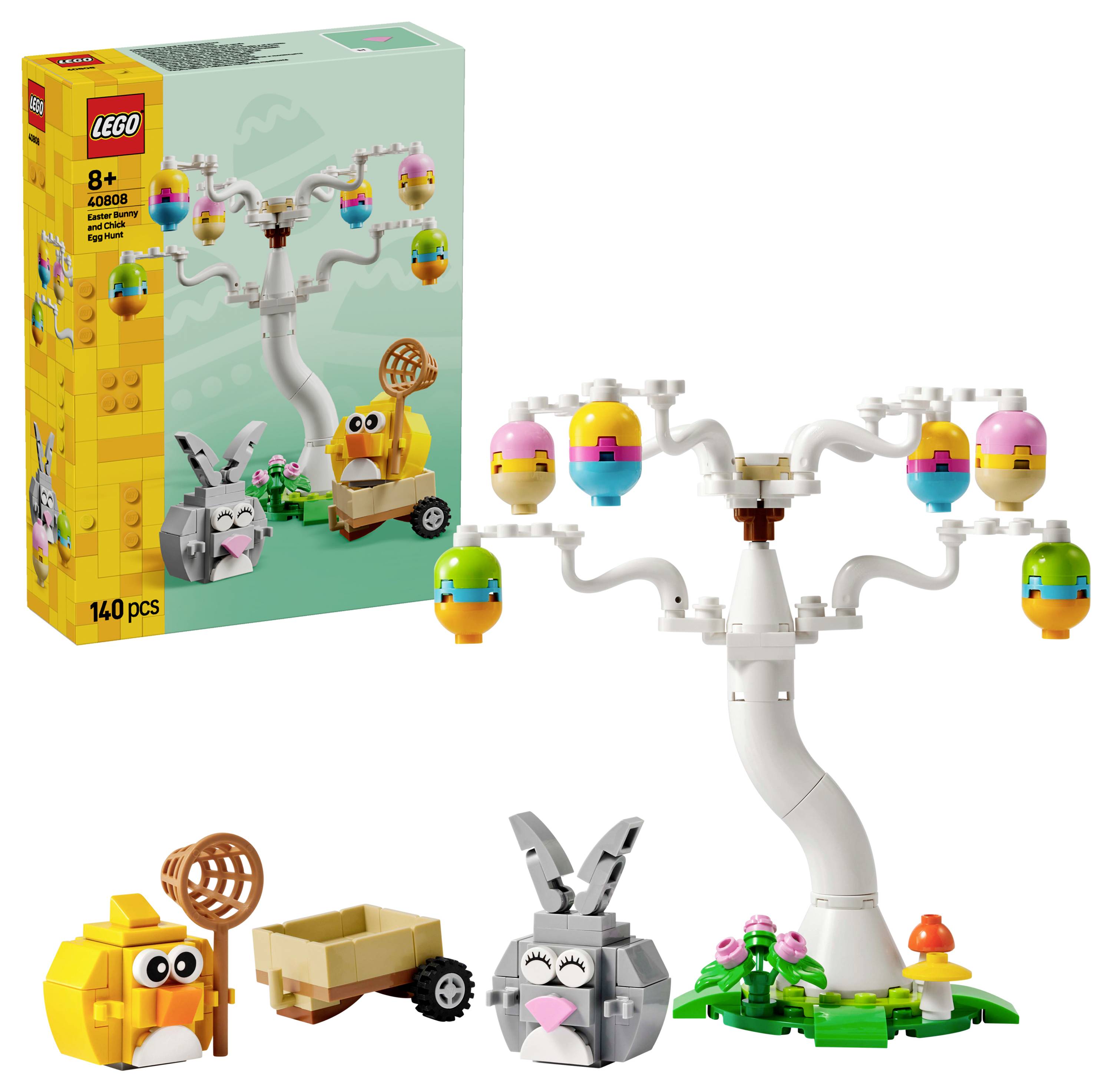 Ein LEGO-Set für Kinder ab 8 Jahren, das einen Baum mit bunten Eiern, einen Hasen, ein Küken mit einem Netz und einen kleinen Wagen enthält. Die Verpackung zeigt das Set-Design.