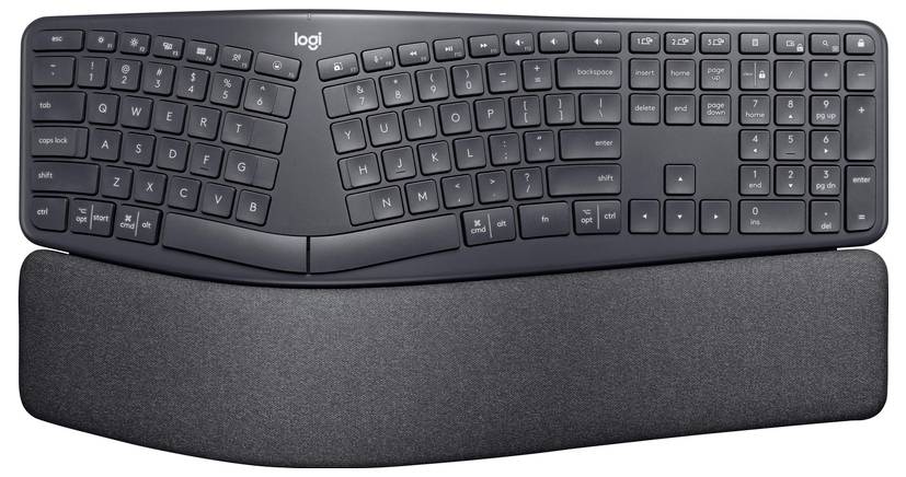 Ergonomische, geteilte Tastatur mit weicher Handauflage, optimiert für komfortables Tippen und nachhaltige Handgelenkunterstützung.