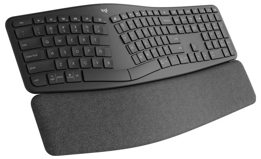 Abgebildet ist eine ergonomische Tastatur mit geschwungenem Design und Handballenauflage, für komfortables Tippen konzipiert.