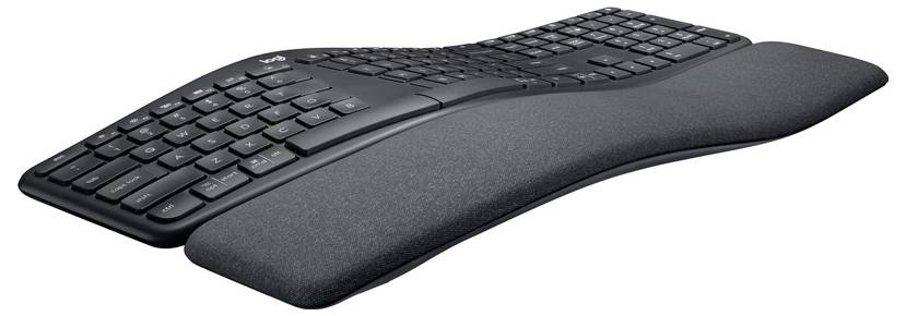 Eine ergonomische, wellenförmige Tastatur in schwarzer Farbe mit gepolsterter Handballenauflage, die Komfort beim Tippen bietet.