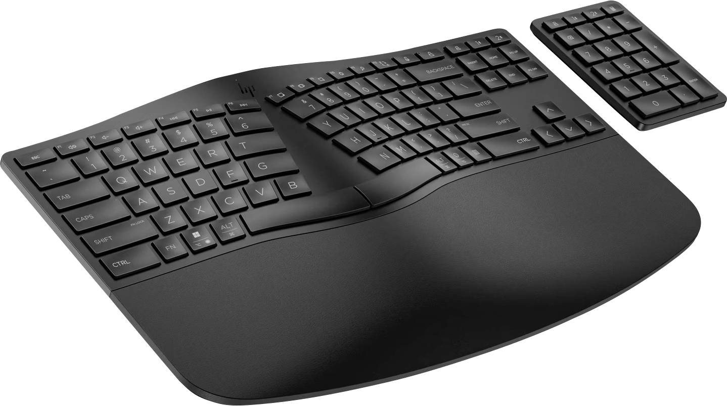 Ergonomische schwarze Tastatur mit wellenförmigem Design und abnehmbarem Nummernblock, optimiert für komfortables Tippen.