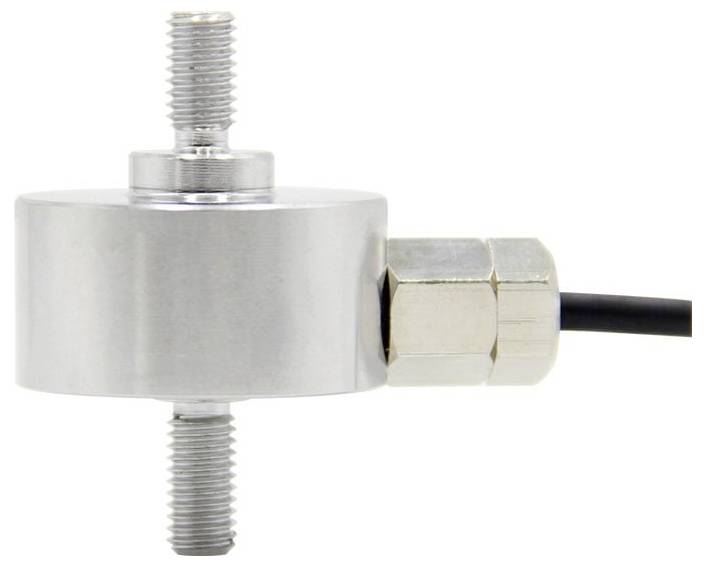 Eine zylindrische Metallmessdose mit Gewindeschrauben an beiden Enden und einem angeschlossenen Kabel.