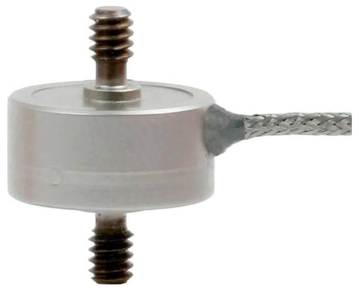 Kleiner zylindrischer Wandler mit zwei Gewindeschrauben und einem geflochtenen Kabel, das seitlich herausragt.