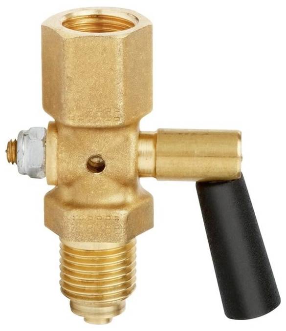 Ein Messingventil mit einem schwarzen Griff, verwendet zur Steuerung von Gas- oder Flüssigkeitsströmung.