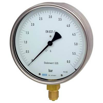 Ein rundes Manometer mit einer Skala von 0 bis 6 bar, dessen Zeiger auf 2,5 zeigt. Weißes Zifferblatt, schwarze Ziffern, silberner Rand, Messinganschluss.