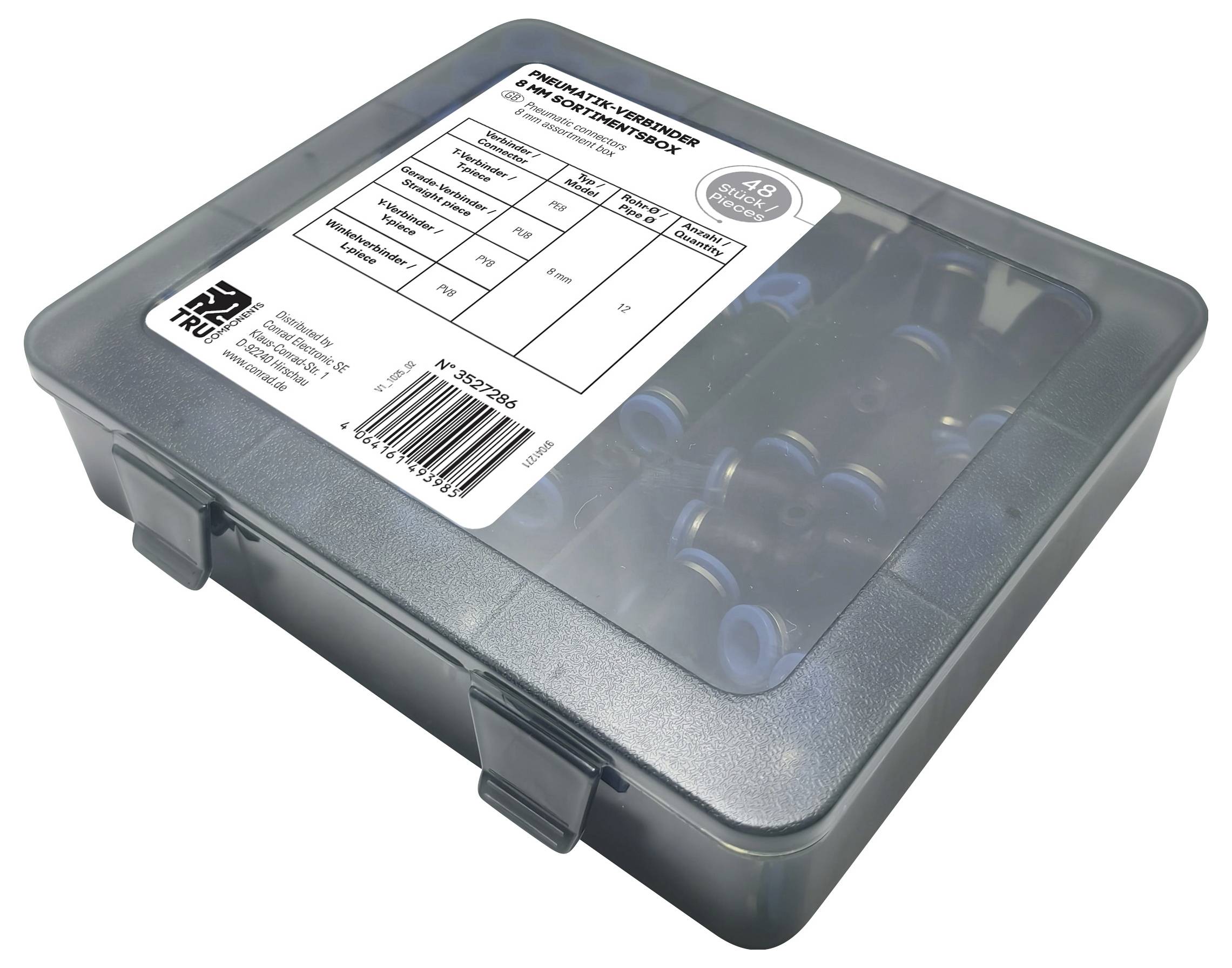 Eine transparente Aufbewahrungsbox enthält blaue und schwarze elektrische Verbinder, mit einer Beschriftung, die Inhalt und Spezifikationen wie Artikelnummern aufführt.