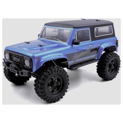 Ein blauer RC-Geländewagen mit großen Reifen und einem schwarzen Dach trägt die Aufschrift "Resilient" an der Seite.