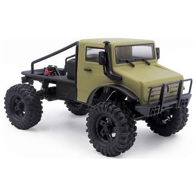 Ein ferngesteuerter Geländewagen mit großen, strukturierten Reifen und einer beigen Fahrerkabine, konzipiert für raues Gelände und abenteuerliches Spielen.