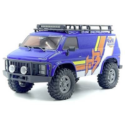 Ein blauer Spielzeug-Truck mit großen Geländereifen und bunten Seitenaufklebern. Auf der Seite steht '4x4 Rockwell', konzipiert für raues Gelände.