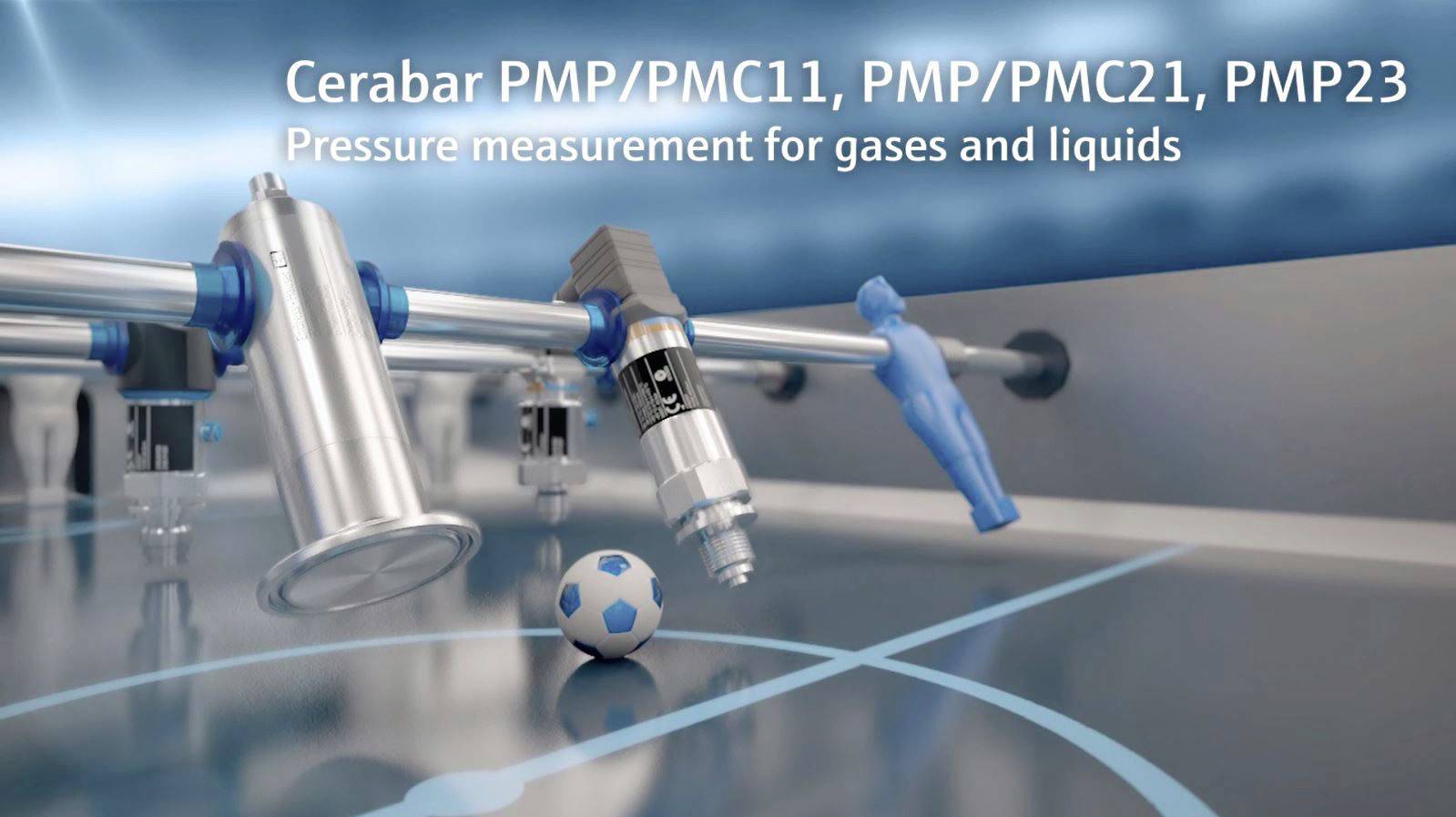 "Cerabar PMP/PMC11, PMP/PMC21, PMP23" in einer mechanischen Anordnung zur Druckmessung von Gasen und Flüssigkeiten.