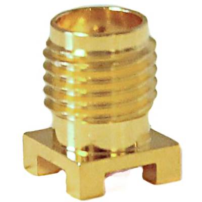 Ein goldfarbener, gewendeter Koaxialkabelstecker mit rechteckiger Basis, der typischerweise für elektronische Verbindungen verwendet wird.