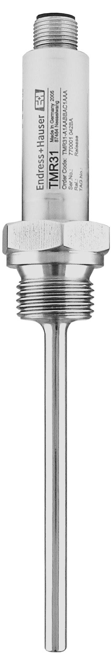 Eine gewindete Edelstahl-Temperatursonde mit Sechskantgehäuse, mit der Bezeichnung „TMR31", vertikal auf weißem Hintergrund dargestellt.