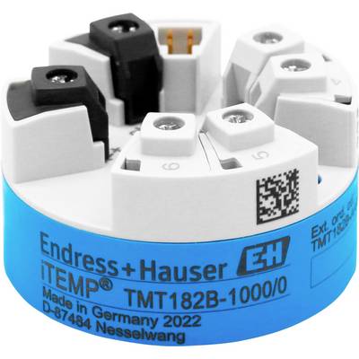 Nahaufnahme eines Endress+Hauser iTEMP TMT182B Temperaturübertragers mit weißer Anschlussleiste oben und blau gekennzeichneter Basis.