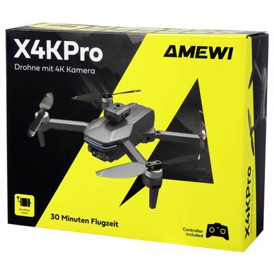 Eine gelbe Box mit einer schwarzen Drohne darauf, beschriftet mit 'X4KPro' von 'Amewi'. Funktionen umfassen eine 4K-Kamera, 30-minütige Flugzeit und einen Controller.