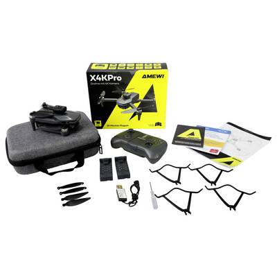 X4KPro Drohne-Set von Amewi mit zusammengeklappter Drohne, Fernbedienung, grauer Tragetasche, Propellern, USB-Ladegerät, Propellerschutz, Anleitung und Originalverpackung.