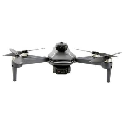 Eine schwarze Quadcopter-Drohne mit einer zentralen Kamera, vier Propellern und grauen Akzenten, in einer Frontalansicht vor einem weißen Hintergrund.