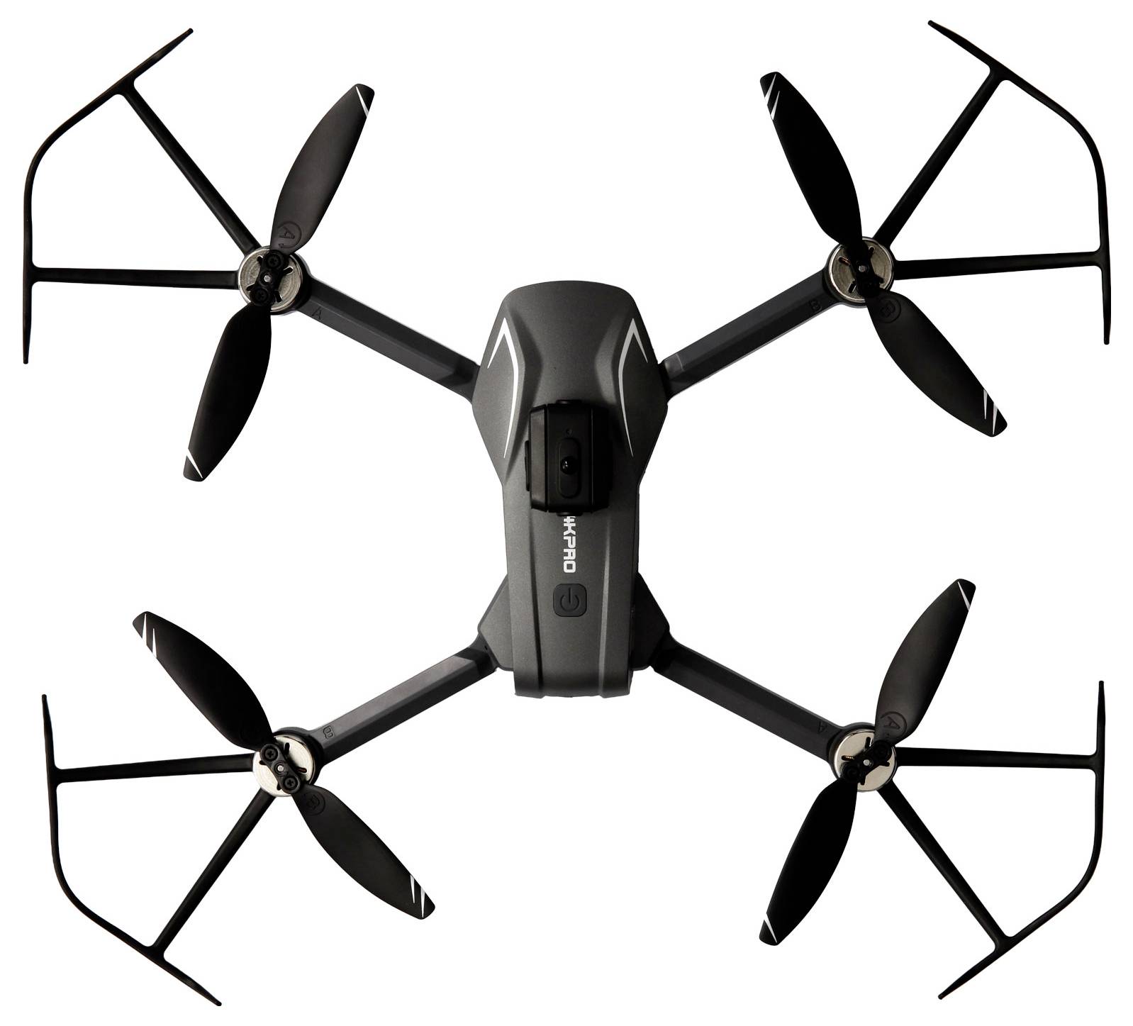 Luftaufnahme einer grauen Quadcopter-Drohne mit vier Propellern, geraden Armen und einer Kamerahalterung, isoliert auf weißem Hintergrund.