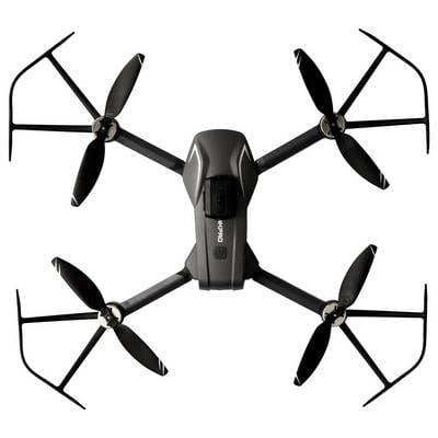 Luftaufnahme einer grauen Quadcopter-Drohne mit vier Propellern, geraden Armen und einer Kamerahalterung, isoliert auf weißem Hintergrund.