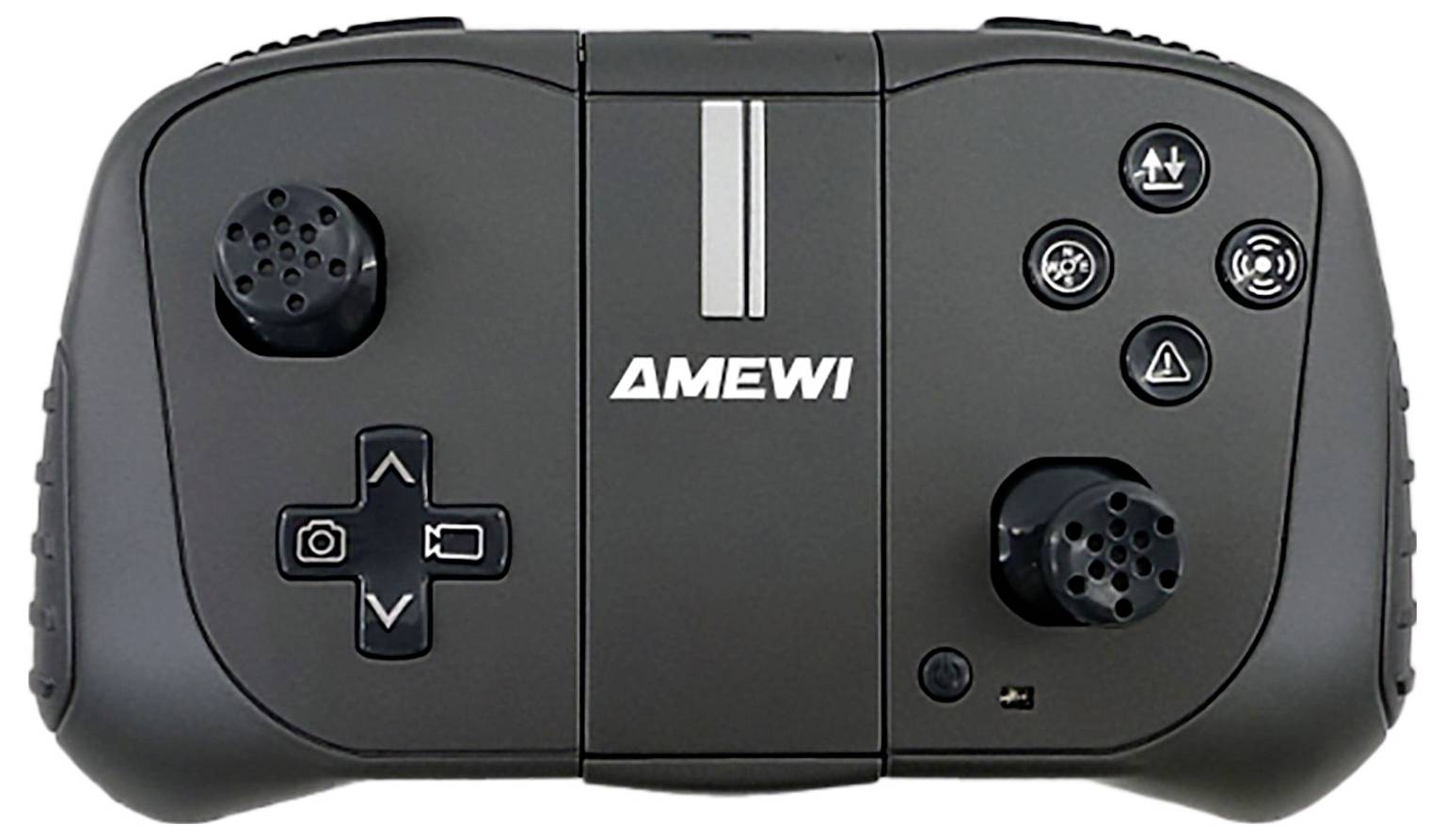 Ein schwarzer Gamecontroller mit zwei Joysticks, Steuerkreuz und Funktionstasten mit Symbolen beschriftet. Das Logo 'AMEWI' ist zentriert.