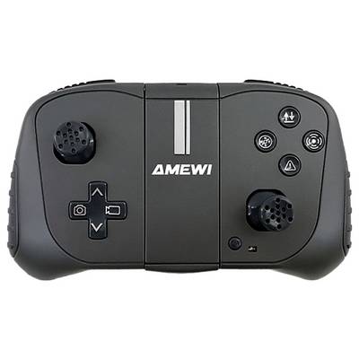 Ein schwarzer Gamecontroller mit zwei Joysticks, Steuerkreuz und Funktionstasten mit Symbolen beschriftet. Das Logo 'AMEWI' ist zentriert.