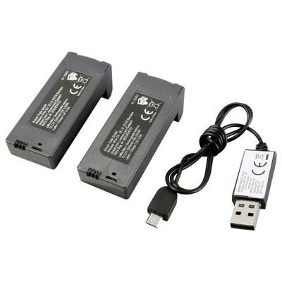 Zwei wiederaufladbare Batterien und ein USB-Ladekabel für ein ferngesteuertes Gerät, mit Spannungs- und Kapazitätsangaben auf den Batterieaufklebern.