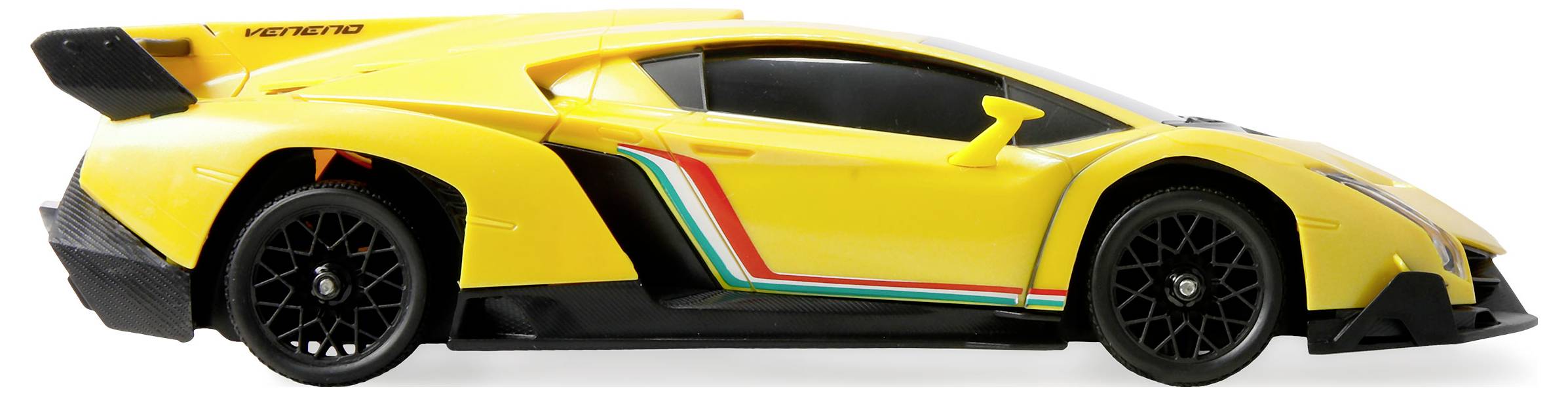 Ein gelbes Spielzeug-Sportwagen mit schwarzen Rädern, versehen mit einer schlanken aerodynamischen Gestaltung und italienischen Flaggenstreifen an der Seite.