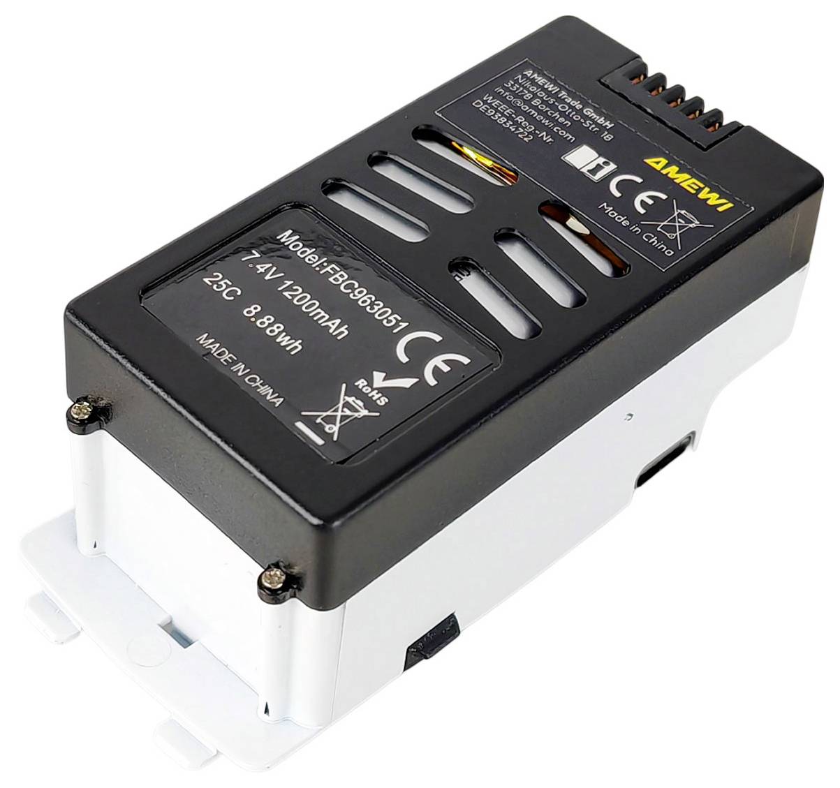 Ein schwarzweißer Akkupack mit der Beschriftung 'Modell: FBP-DB305T', '11,1V, 2280mAh', mit Sicherheitszertifizierungen und 'Made in China'.