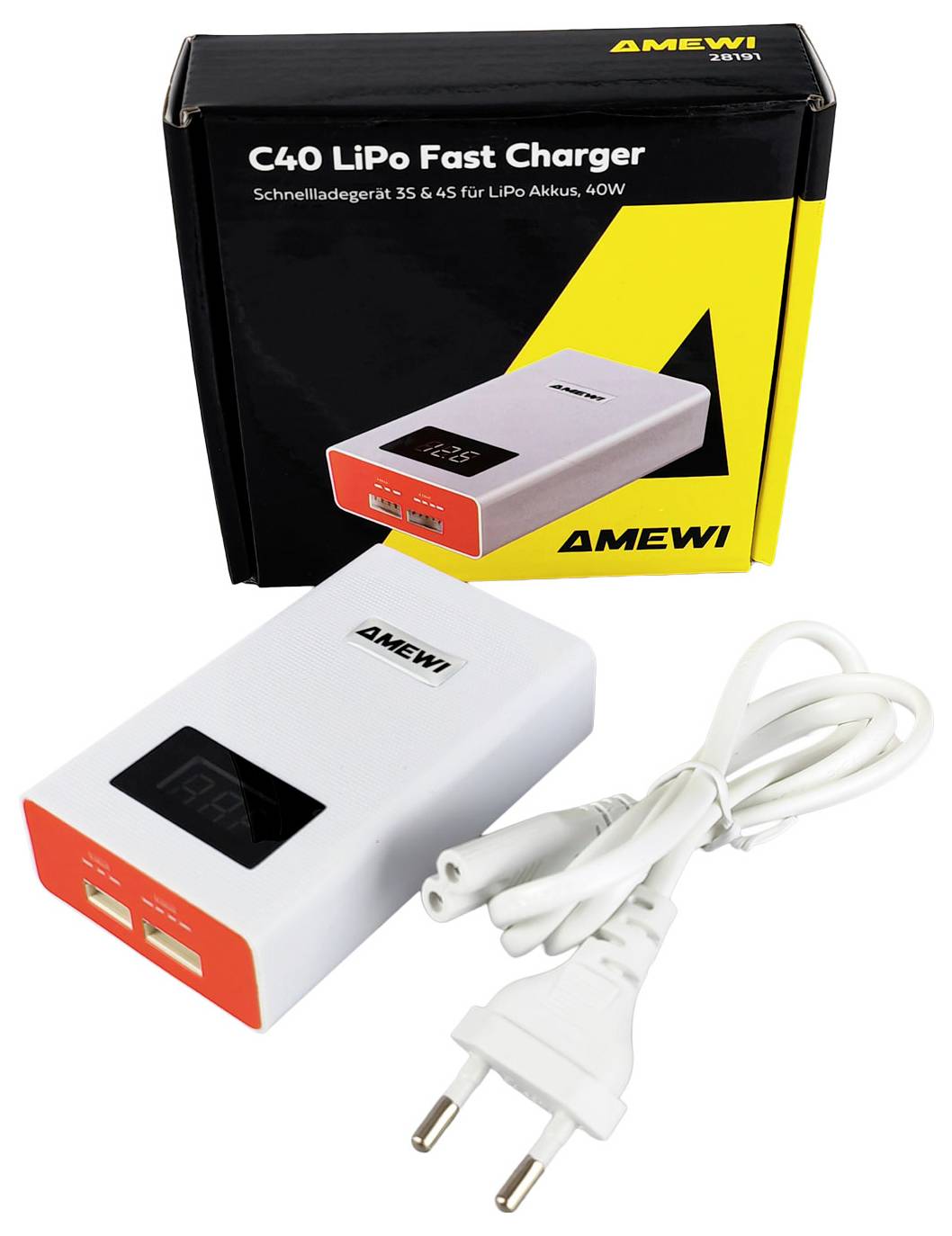 C40 LiPo-Schnellladegerät' Verpackung mit Ladegerät, Display zeigt '97%', duale USB-Ausgänge und Netzkabel; entwickelt für 3S-4S LiPo-Batterien.