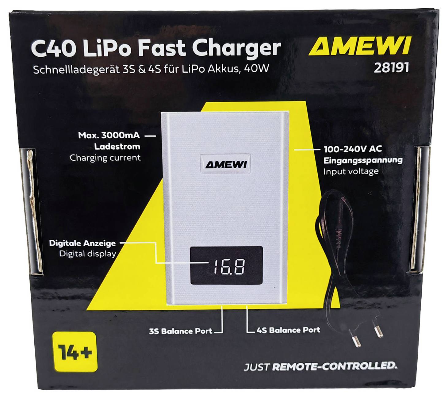 'AMEWI C40 LiPo Schnellladegerät' Verpackung mit Ladegerät-Bild, Merkmale wie maximale 3000mA, 40W, digitales Display; Altersempfehlung ab 14 Jahre dargestellt.