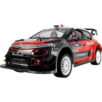 Modell eines Rallyeautos in Rot, Schwarz und Weiß mit Sponsorenlogos von 'Abu Dhabi', 'Total' und 'Citroën'. So gestaltet, dass es einem echten Rallyefahrzeug ähnelt.