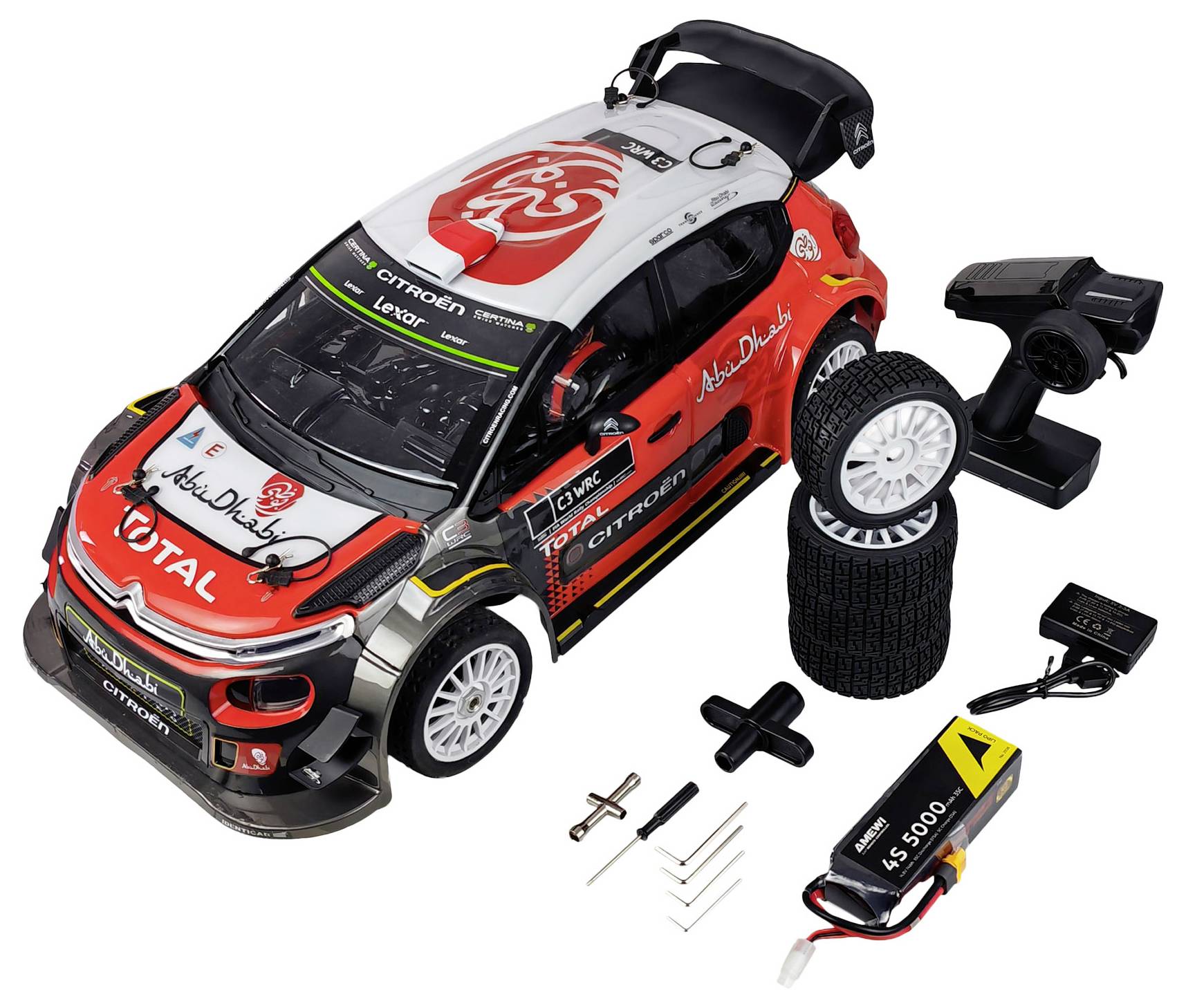 Ein ferngesteuertes Autoset mit einem detaillierten roten und weißen Rallyeautomodell, Ersatzreifen, Akkupack, Werkzeugen und einer Fernbedienung.