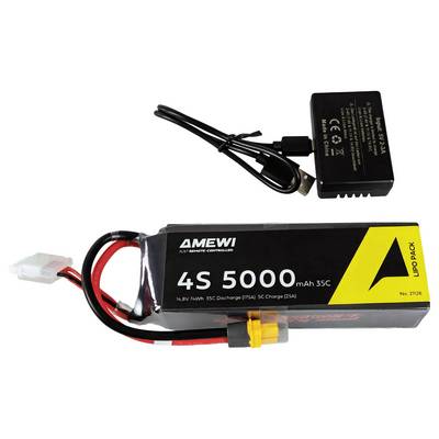 Eine wiederaufladbare LiPo-Batterie mit der Aufschrift 'AMEWI 4S 5000 mAh 35C' und ein schwarzes 2A-Ladegerät mit Netzkabel und Anschluss.
