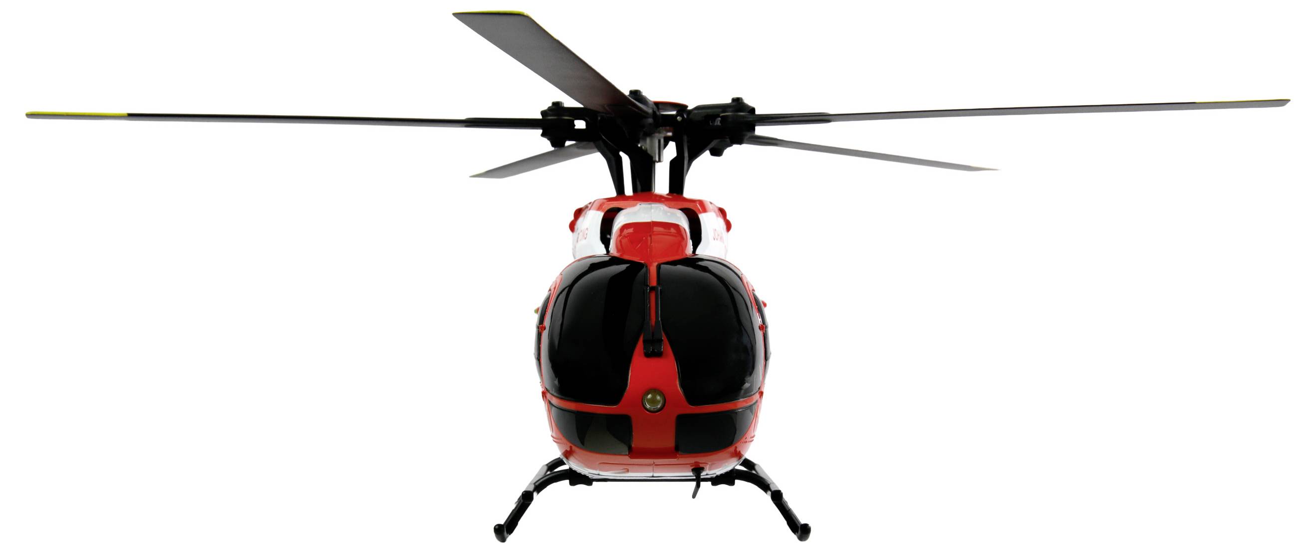 Eine Frontansicht eines roten und schwarzen Hubschraubers mit ausgefahrenen Rotorblättern, isoliert auf weißem Hintergrund.