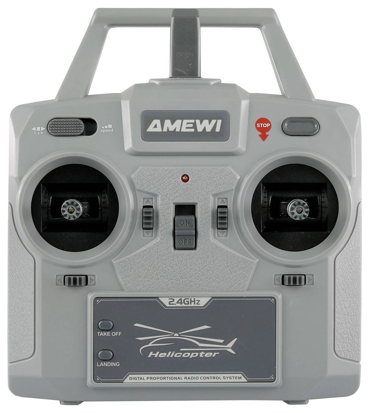 Eine graue Hubschrauber-Fernbedienung mit zwei Joysticks, beschriftet mit 'AMEWI', verfügt über Schalter für 'Abheben' und 'Landen' sowie einen 'Stopp'-Knopf.