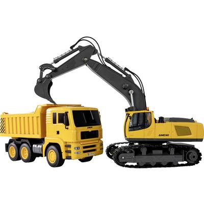 Gelber Bagger, der einen gelben Kipplaster lädt. Beide Fahrzeuge stehen nebeneinander, wobei der Baggerarm über den Laster ausgestreckt ist.