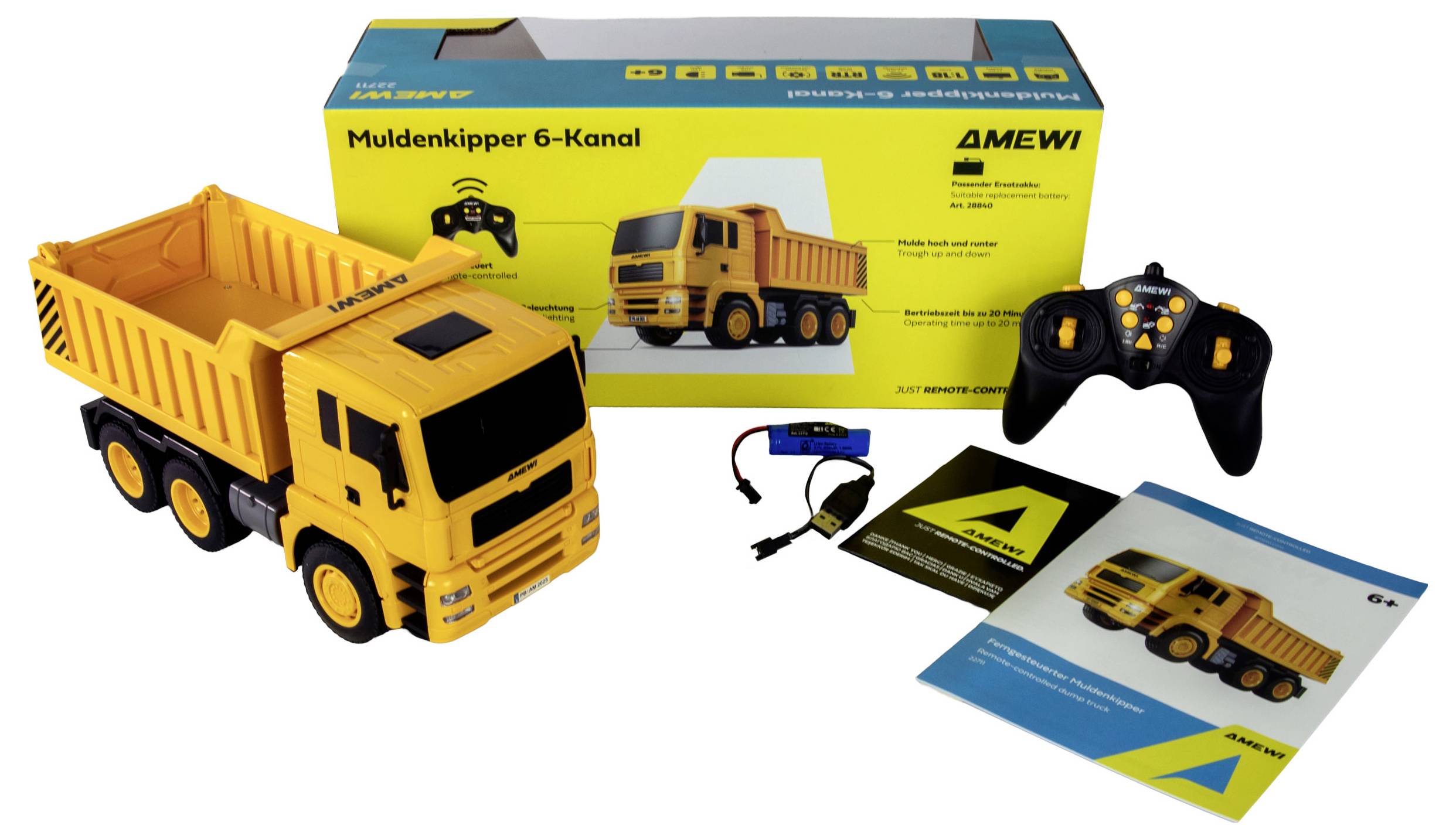 Gelber Spielzeug-Muldenkipper mit Fernbedienung, Akkupack und Bedienungsanleitung neben der Produktverpackung mit der Aufschrift "Muldenkipper 6-Kanal".