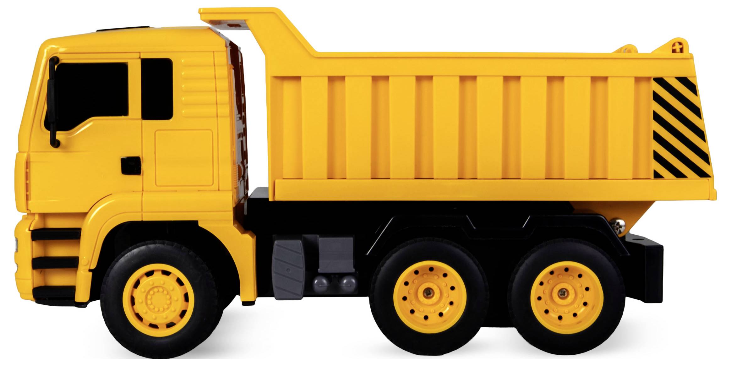 Ein gelber Spielzeug-Kipplaster mit schwarzen Rädern und Führerhausdetails, in Seitenansicht auf weißem Hintergrund.