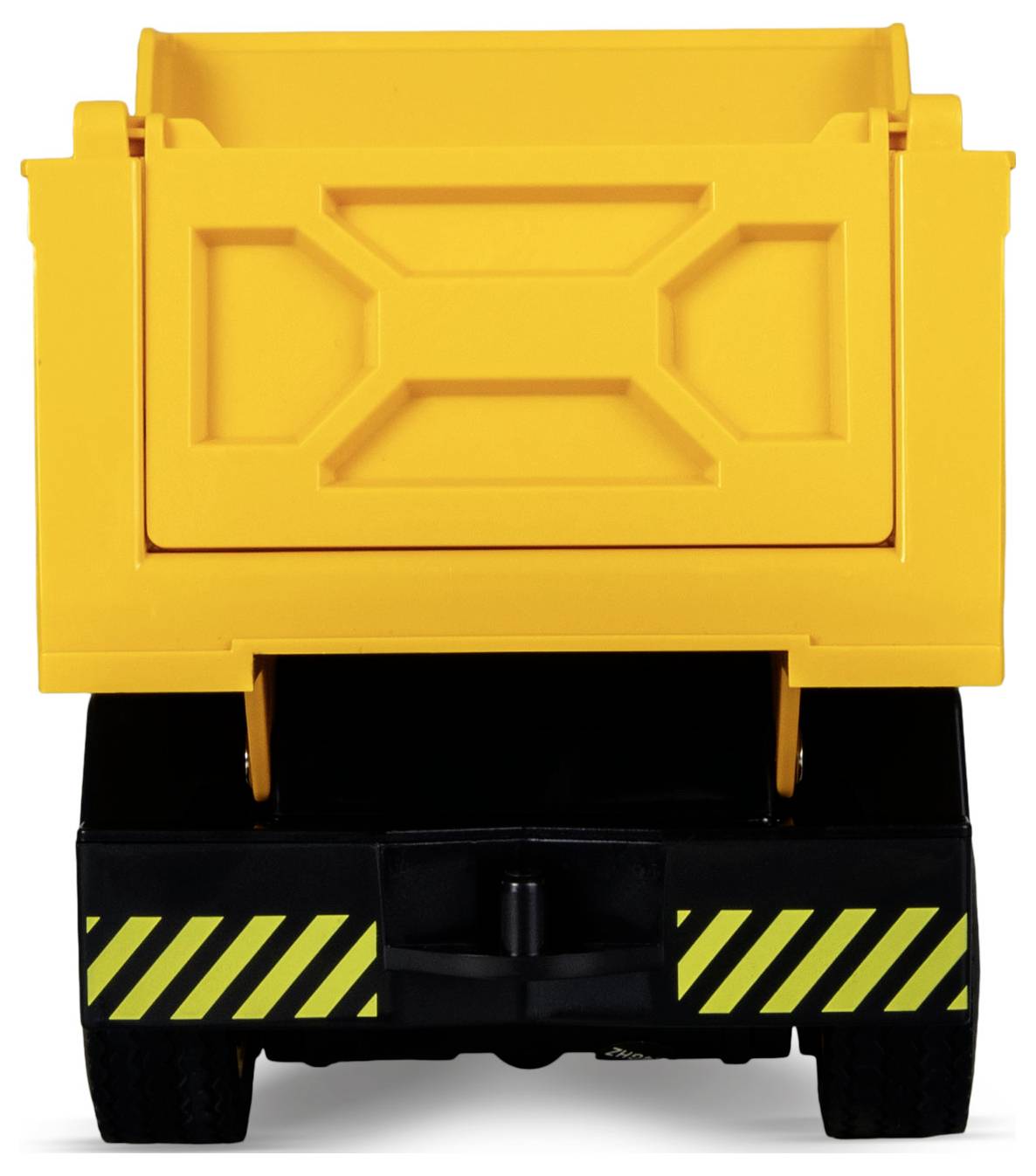 Frontansicht eines gelben Spielzeug-Kipplasters mit einem schwarzen Unterbau und gelben diagonalen Streifen auf seinem Stoßfänger, der dem Betrachter zugewandt ist.
