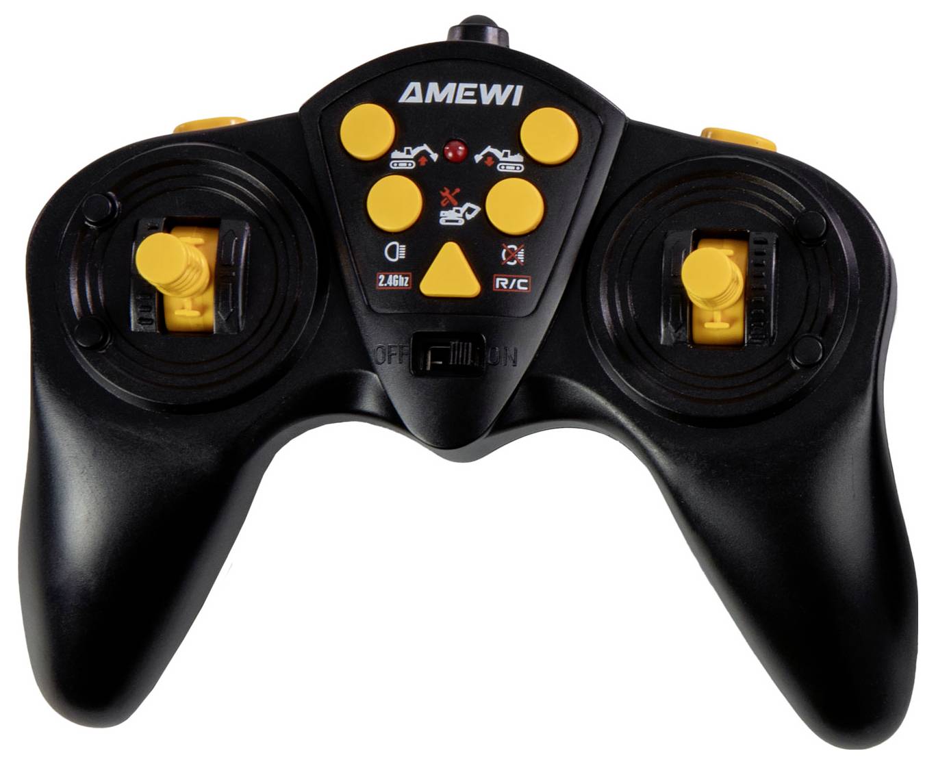 Ein schwarzer Fernbedienungscontroller mit gelben Joysticks und Tasten, oben mit der Aufschrift "AMEWI" versehen, zum Steuern von fernbedienbaren Geräten.