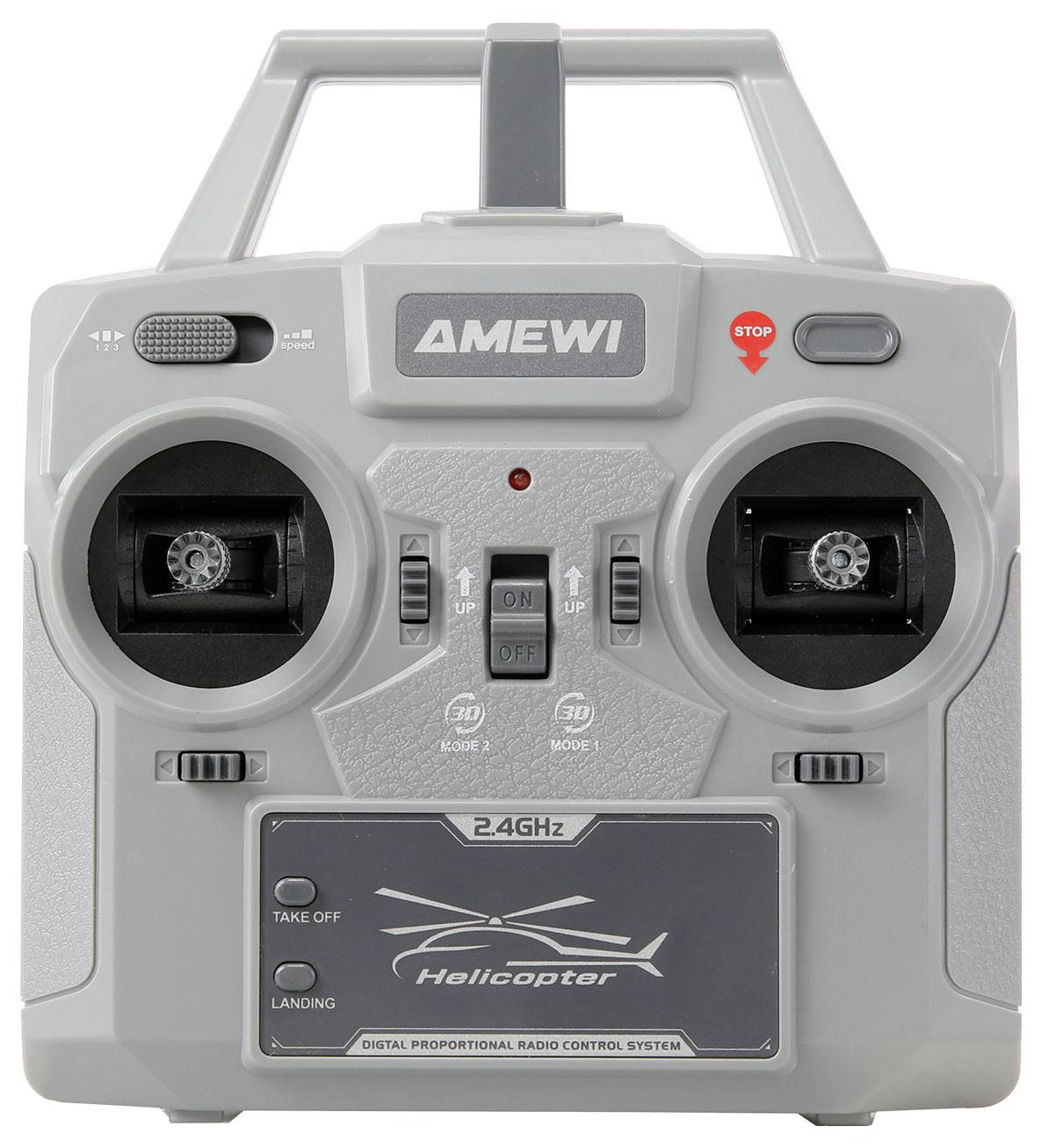 Ein grauer Funkfernsteuerungsapparat für einen Hubschrauber mit zwei Joysticks und Tasten mit den Beschriftungen ‚EIN', ‚AUS', ‚LINKS', ‚RECHTS', ‚HOCH', ‚RUNTER'.