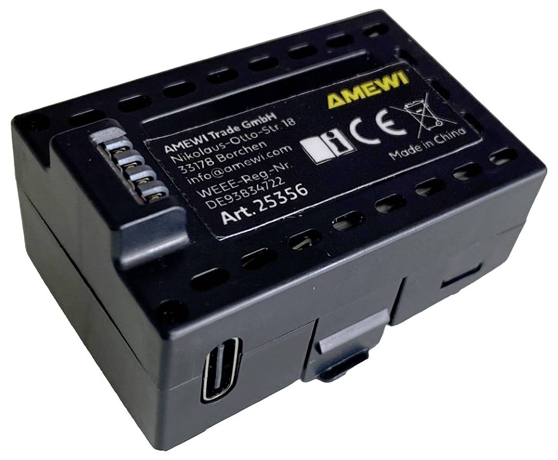 Ein kleines schwarzes elektronisches Gerät mit der Aufschrift 'AMEWI', versehen mit Anschlüssen und einer CE-Kennzeichnung, die die Einhaltung von Sicherheitsstandards anzeigt.