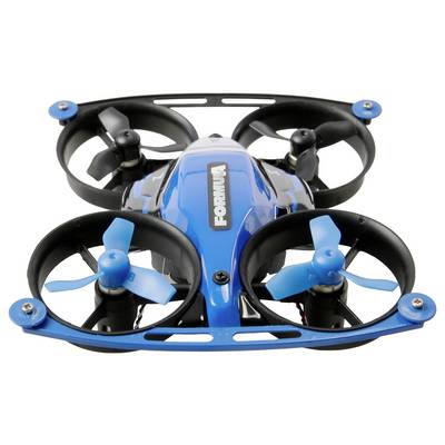 Eine kleine blaue Quadcopter-Drohne mit vier Propellern und dem Schriftzug 'Formula' oben, die für Rennen oder Freizeitnutzung konzipiert ist.