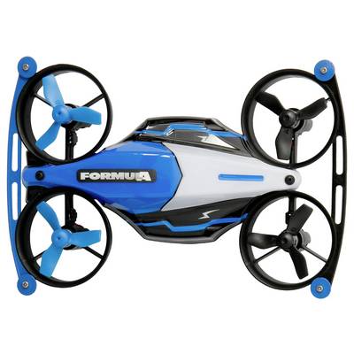 Ein blau-schwarzer Formel-Renndrohne mit vier Propellern und einem stromlinienförmigen Design wird vor einem weißen Hintergrund präsentiert.