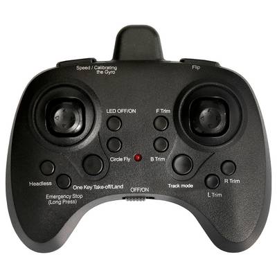 Eine Drohnen-Fernbedienung mit verschiedenen beschrifteten Tasten und Joysticks, die Funktionen wie ‚Geschwindigkeit', ‚Flip', ‚Notaus' und ‚Kopflos' aufweist.