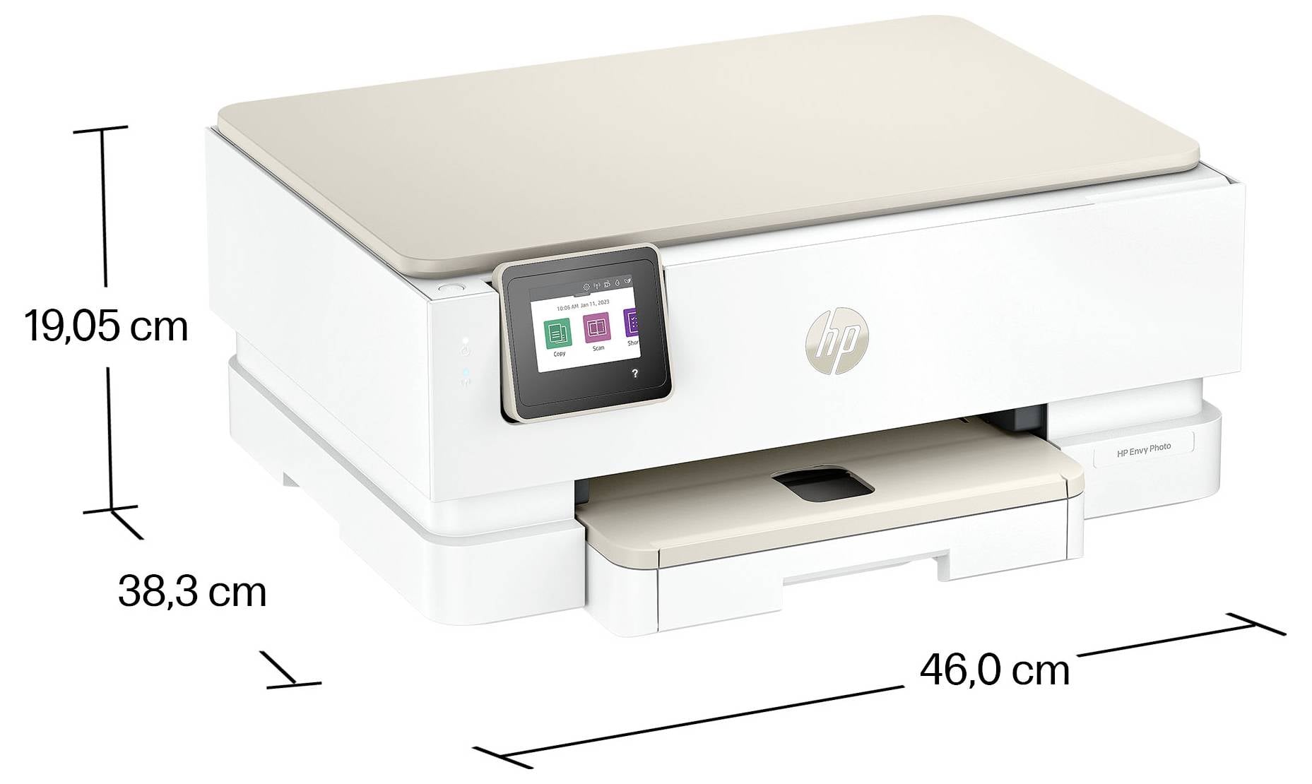 Weißer HP Multifunktionsdrucker mit Touchscreen-Display, gezeigt mit Abmessungen von 46,0 cm Breite, 38,3 cm Tiefe und 19,05 cm Höhe.