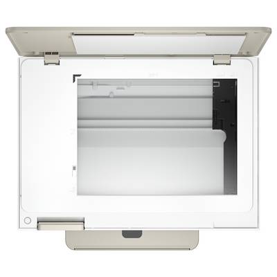 Eine Draufsicht eines geöffneten Flachbettscanners mit weißem Deckel, transparenter Glasoberfläche und sichtbarem Scanbereich.