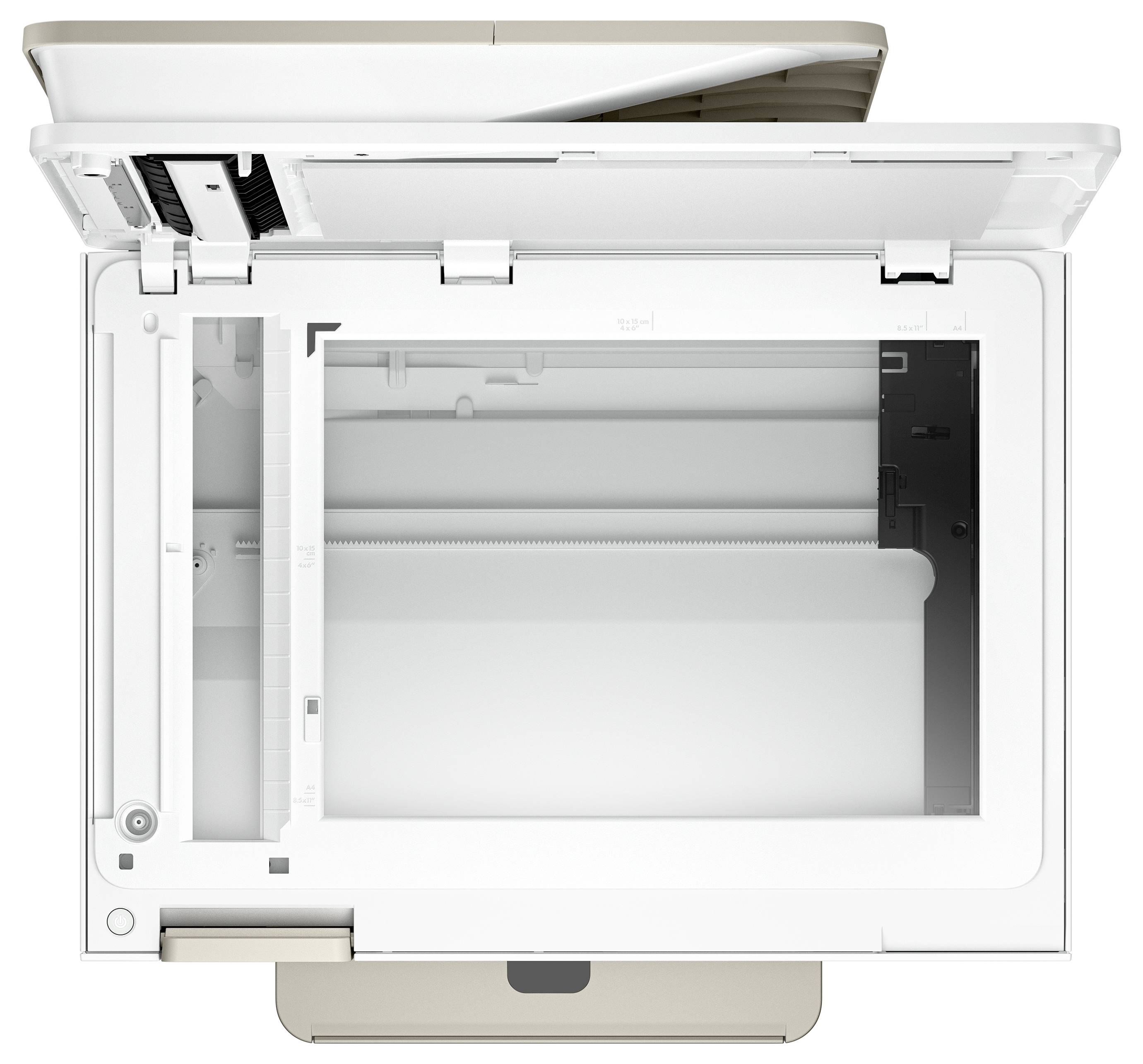 Draufsicht eines weißen Multifunktionsdruckers mit geöffnetem Scannerdeckel, der eine Glasscannerfläche und einen Dokumenteneinzug freigibt.