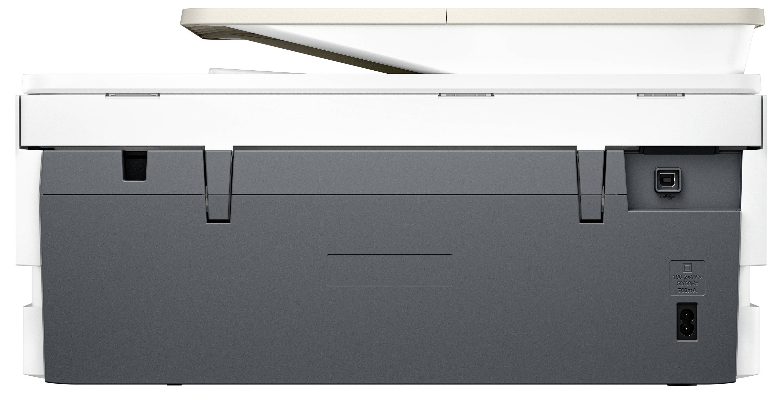 Ein modernes Multifunktionsdrucker mit grauer Basis und weißer Oberseite, ausgestattet mit Strom- und Anschlussports auf der Rückseite.