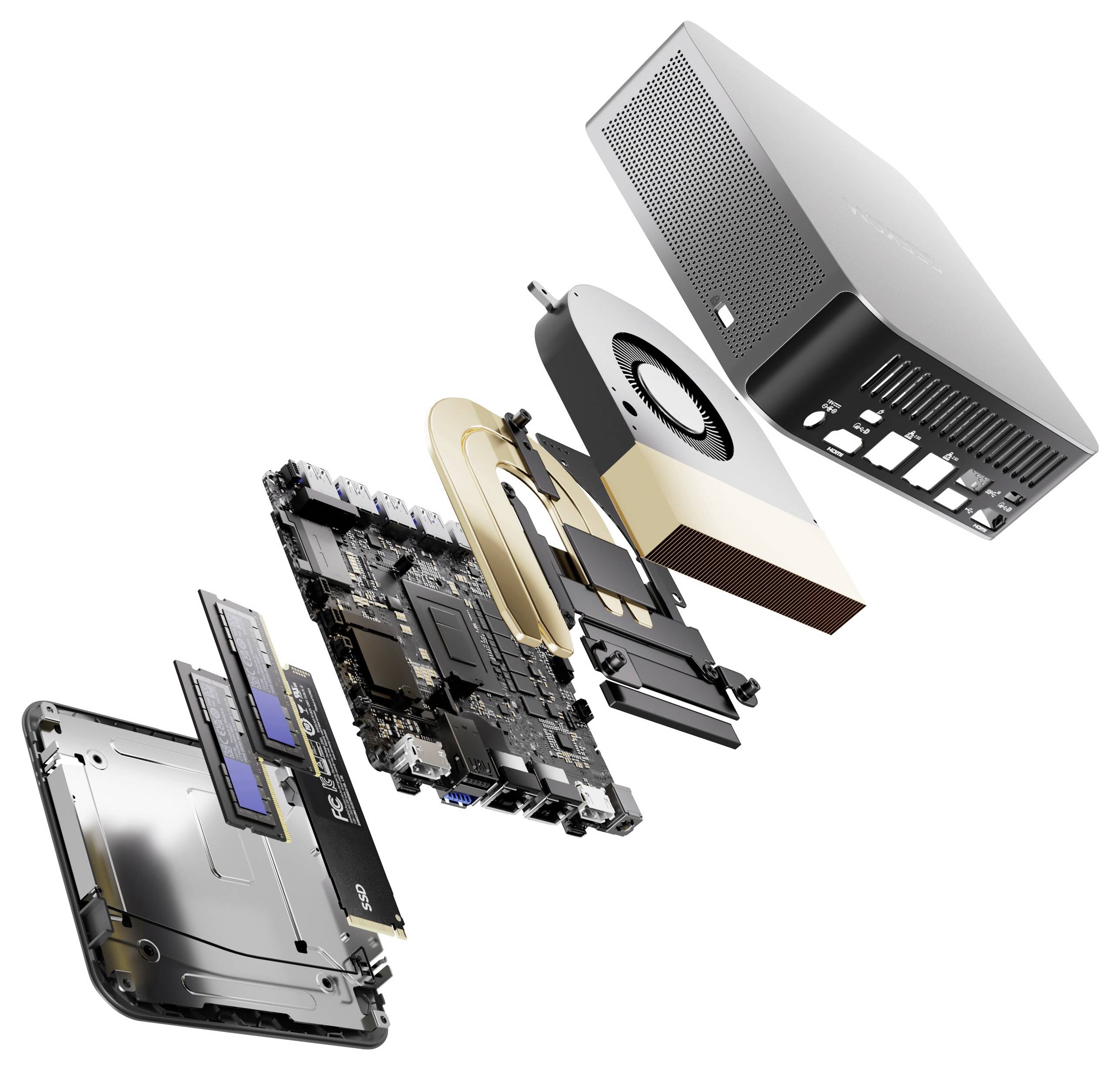 Explosionszeichnung eines Computers mit Gehäuse, Kühlsystem, Motherboard, RAM und Speicherkomponenten, die die interne Struktur veranschaulicht.