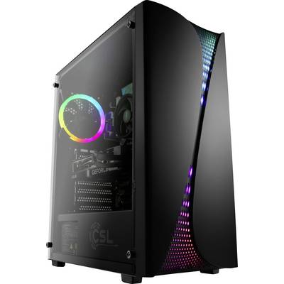Ein schlanker schwarzer Desktop-Computerturm mit bunten LED-Lichtern, die innen und entlang der Frontplatte sichtbar sind.